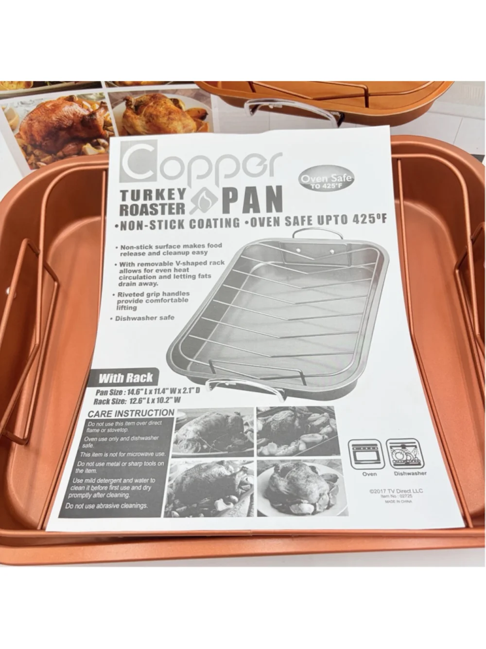 New Non-Stick Copper Ceramic Turkey Roaster Pan W/ Removable Rack